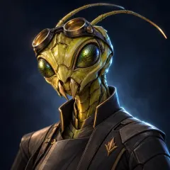 Pettrik, a Kethri with bright chitin, compound eyes and long antennae.