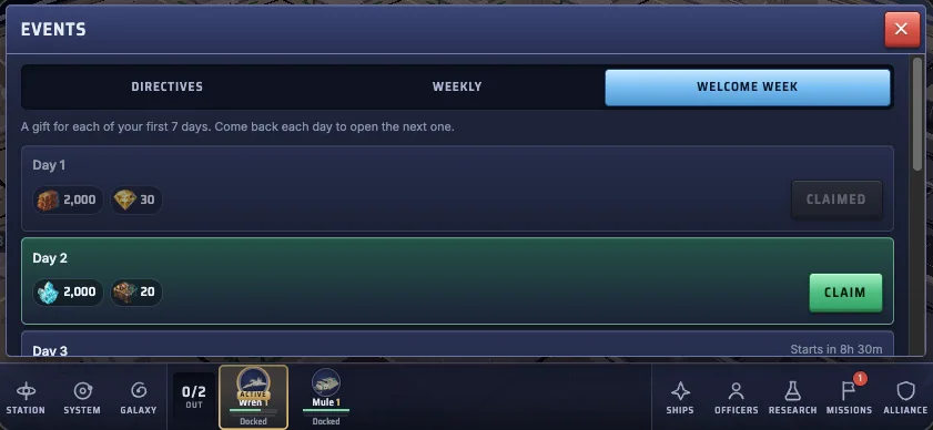 The Events page, Welcome week tab: Day 1 claimed (2,000 Alloy and 30 Aether), Day 2 ready to claim (2,000 Crystal and 20 Salvage), and Day 3 starting in 8 hours.