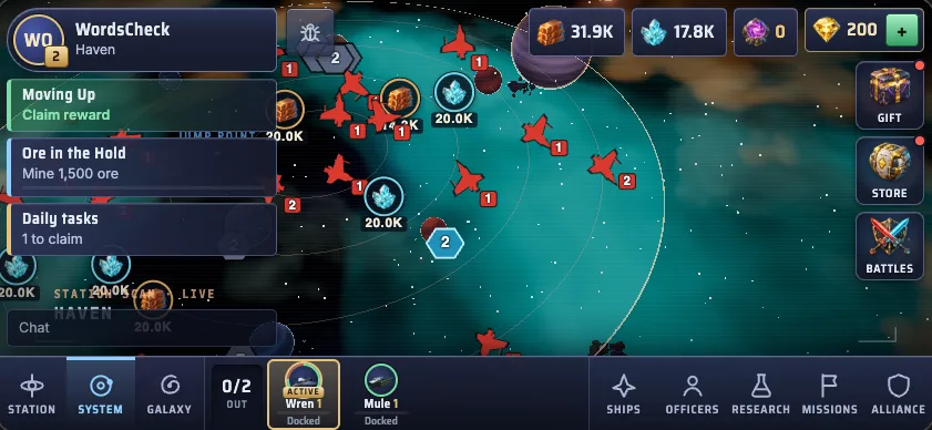 The Haven system from far out: red hostile markers with their levels, Alloy and Crystal deposits, and your station, under the game's top bar of Alloy, Crystal, Plasma and Aether.